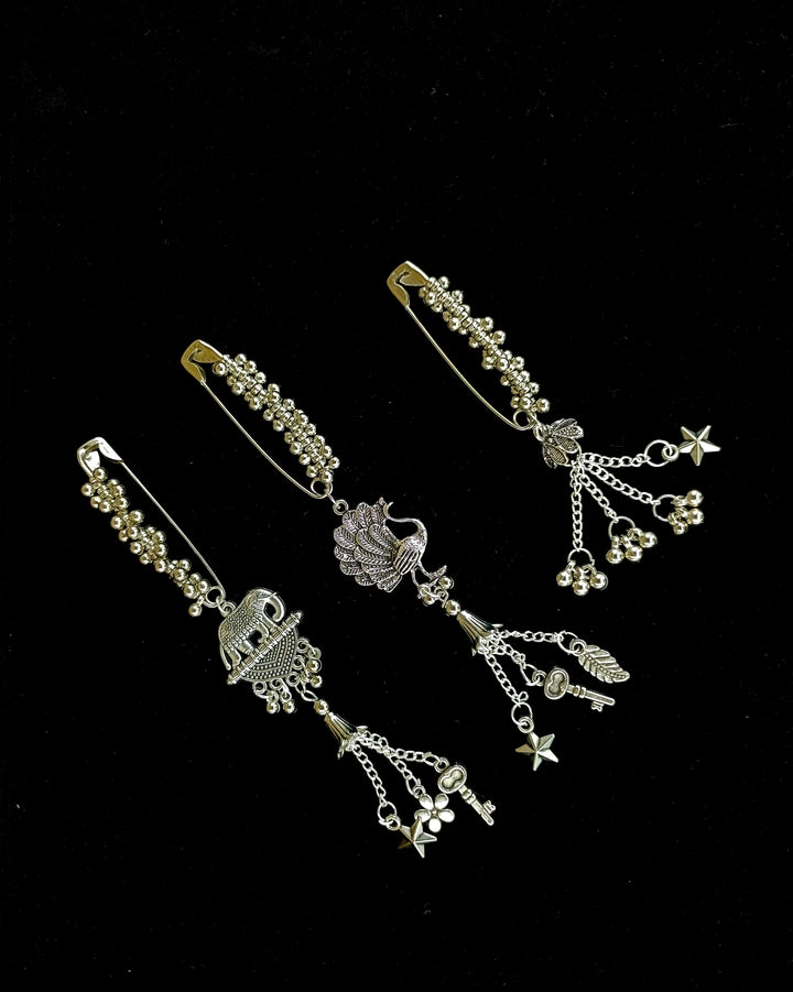 Traditional Silver Metal Saree Pins with Ethnic Charms (Set of 3)